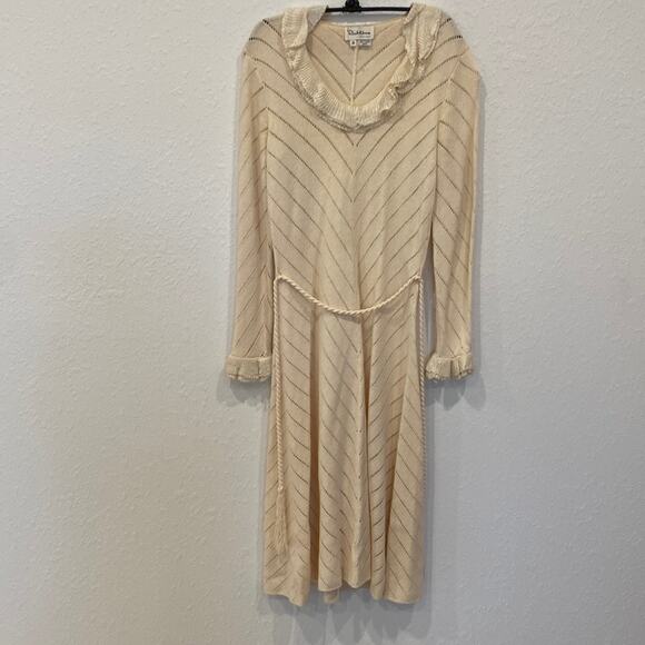 Vintage Richtone New York Cream Knit Midi Chevron Dress Ruffles Sz Small - Picture 1 of 11